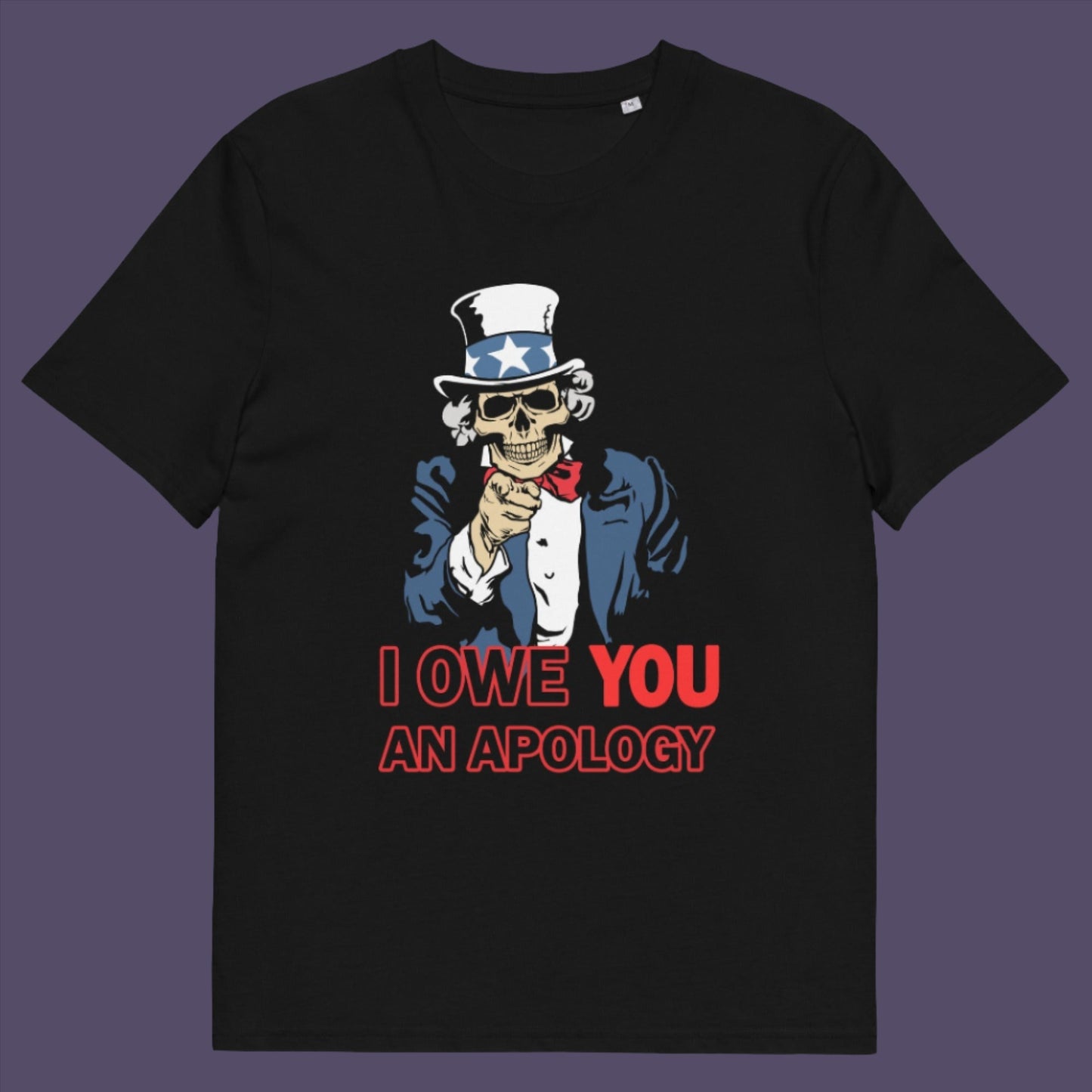 Black t-shirt. A satirical t-shirt design of Uncle Sam. For too long dark deeds have been done in the name of good people. The government should always answer to the people. Made from 100% organic ring-spun cotton, this political t-shirt is unisex, high-quality, super comfy, and best of all, eco-friendly.