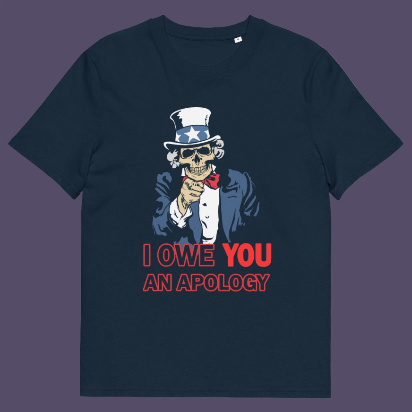French navy t-shirt. A satirical t-shirt design of Uncle Sam. For too long dark deeds have been done in the name of good people. The government should always answer to the people. Made from 100% organic ring-spun cotton, this political t-shirt is unisex, high-quality, super comfy, and best of all, eco-friendly.