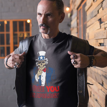 Man wearing a t-shirt with a graphic design in front of a brick wall. An anti government t shirt design of Uncle Sam. For too long dark deeds have been done in the name of good people. The government should always answer to the people. Made from 100% organic ring-spun cotton, this non conformist t shirt is unisex, high-quality, super comfy, and best of all, eco-friendly.