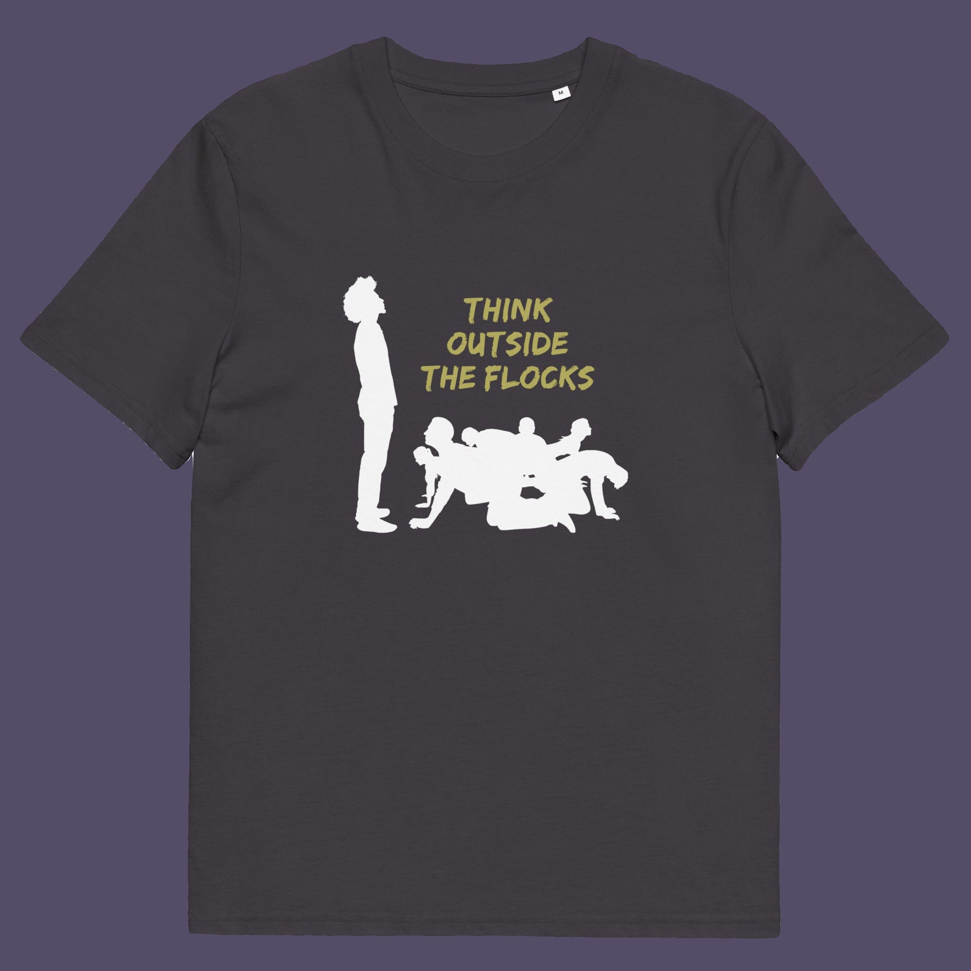 Anthracite t shirt. This self worth t shirt likens people to sheep. A satirical play on the expression 'Think outside the box'. This dark humour design highlights the need for genuine independent thought. Made from 100% organic ring-spun cotton, this non conformist t shirt is unisex, high quality, super comfy, and best of all, eco-friendly.