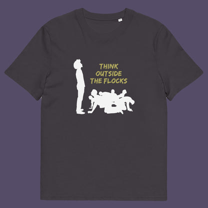 Anthracite t shirt. This self worth t shirt likens people to sheep. A satirical play on the expression 'Think outside the box'. This dark humour design highlights the need for genuine independent thought. Made from 100% organic ring-spun cotton, this non conformist t shirt is unisex, high quality, super comfy, and best of all, eco-friendly.