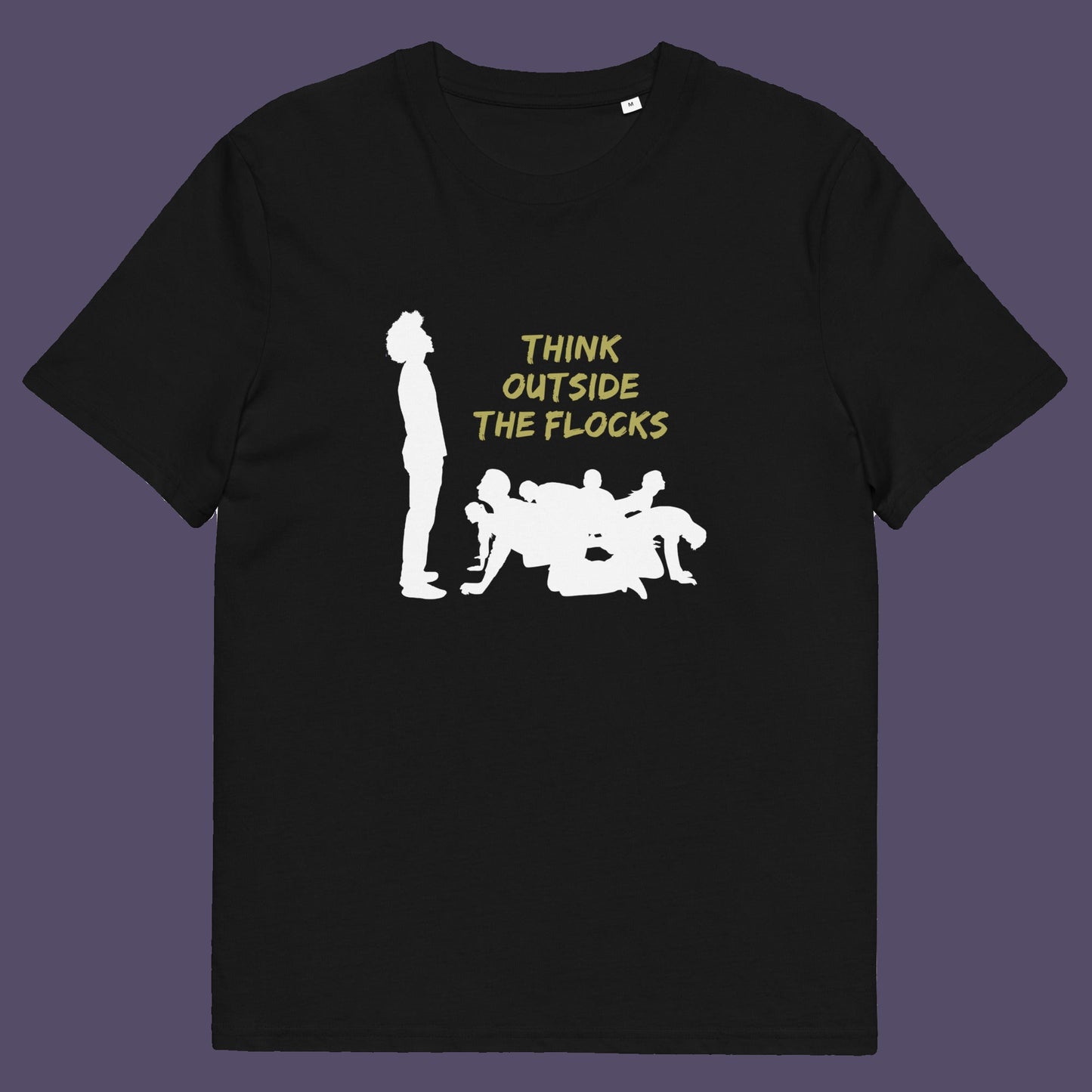 Black t-shirt. This self worth t shirt likens people to sheep. A satirical play on the expression 'Think outside the box'. This dark humour design highlights the need for genuine independent thought. Made from 100% organic ring-spun cotton, this non conformist t shirt is unisex, high quality, super comfy, and best of all, eco-friendly.