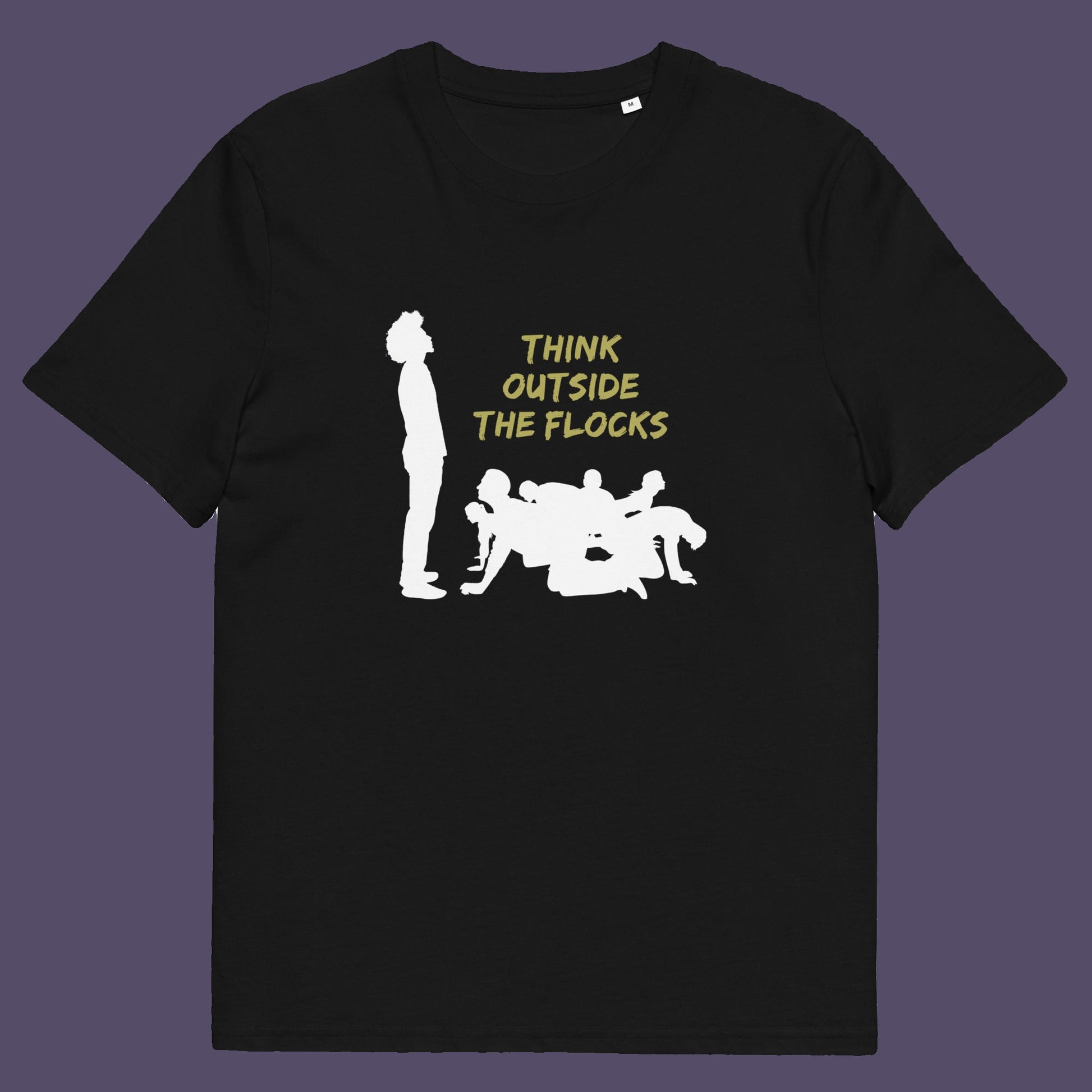 Black t-shirt. This self worth t shirt likens people to sheep. A satirical play on the expression 'Think outside the box'. This dark humour design highlights the need for genuine independent thought. Made from 100% organic ring-spun cotton, this non conformist t shirt is unisex, high quality, super comfy, and best of all, eco-friendly.