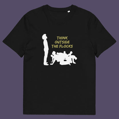 Black t-shirt. This self worth t shirt likens people to sheep. A satirical play on the expression 'Think outside the box'. This dark humour design highlights the need for genuine independent thought. Made from 100% organic ring-spun cotton, this non conformist t shirt is unisex, high quality, super comfy, and best of all, eco-friendly.