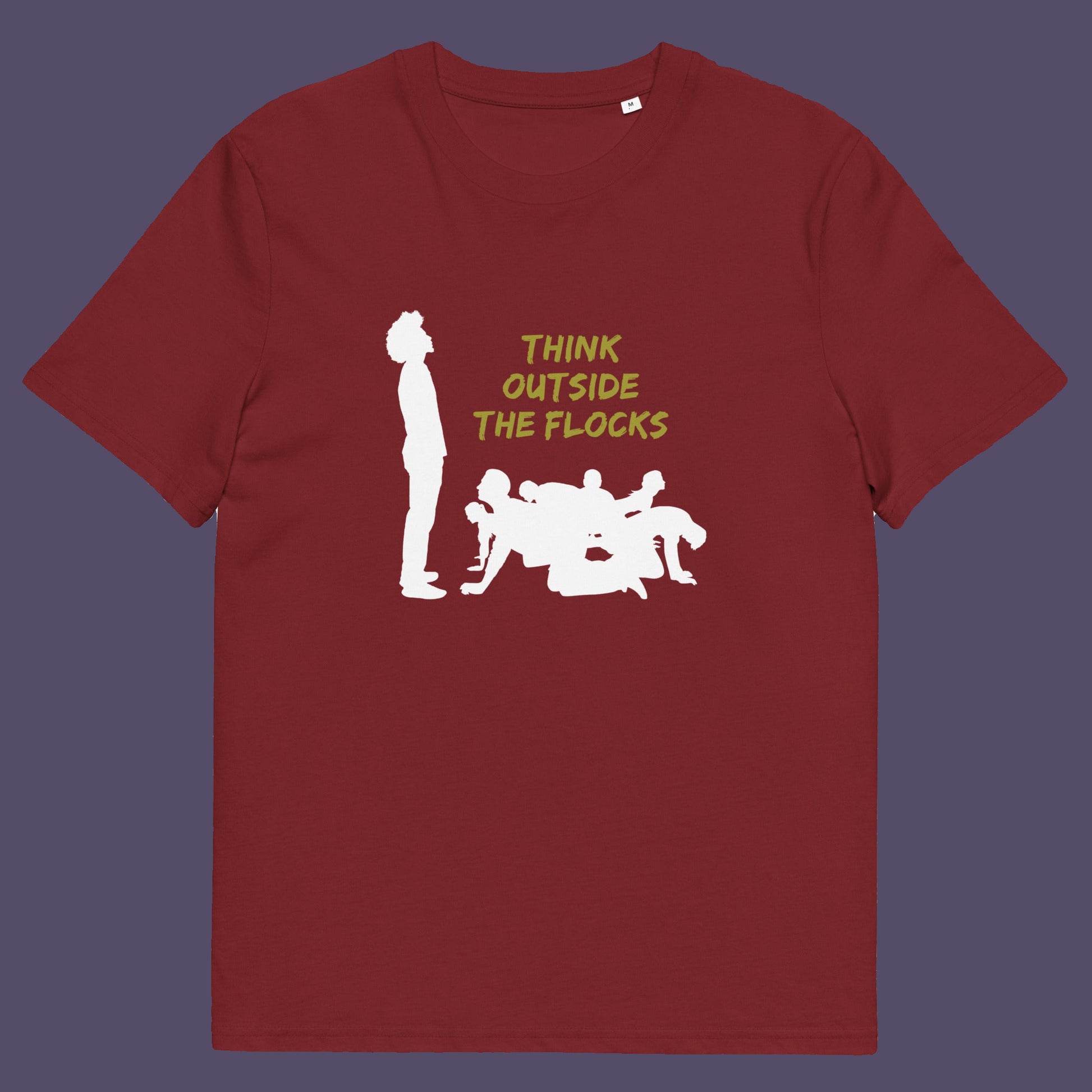 Burgundy t-shirt. This self worth t shirt likens people to sheep. A satirical play on the expression 'Think outside the box'. This dark humour design highlights the need for genuine independent thought. Made from 100% organic ring-spun cotton, this non conformist t shirt is unisex, high quality, super comfy, and best of all, eco-friendly.