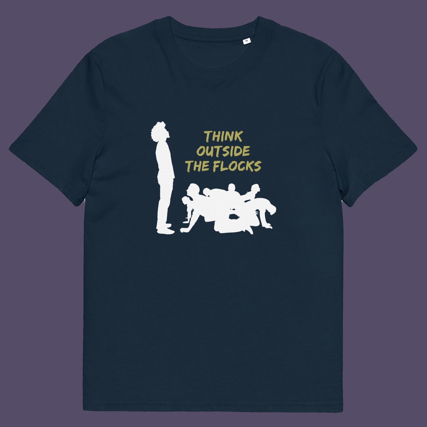French navy t-shirt. This self worth t shirt likens people to sheep. A satirical play on the expression 'Think outside the box'. This dark humour design highlights the need for genuine independent thought. Made from 100% organic ring-spun cotton, this non conformist t shirt is unisex, high quality, super comfy, and best of all, eco-friendly.