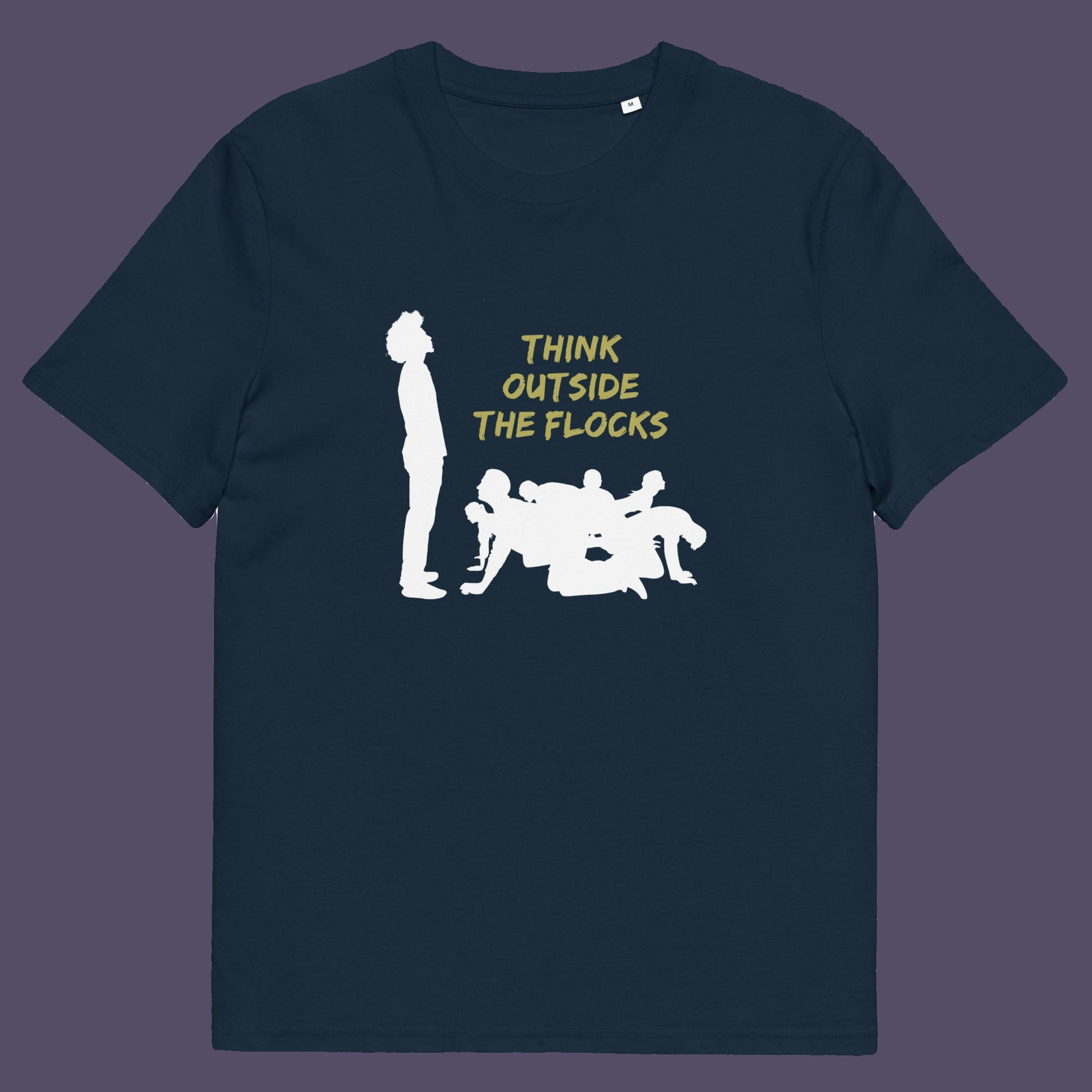 French navy t-shirt. This self worth t shirt likens people to sheep. A satirical play on the expression 'Think outside the box'. This dark humour design highlights the need for genuine independent thought. Made from 100% organic ring-spun cotton, this non conformist t shirt is unisex, high quality, super comfy, and best of all, eco-friendly.