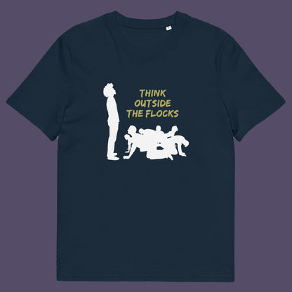 French navy t-shirt. This self worth t shirt likens people to sheep. A satirical play on the expression 'Think outside the box'. This dark humour design highlights the need for genuine independent thought. Made from 100% organic ring-spun cotton, this non conformist t shirt is unisex, high quality, super comfy, and best of all, eco-friendly.