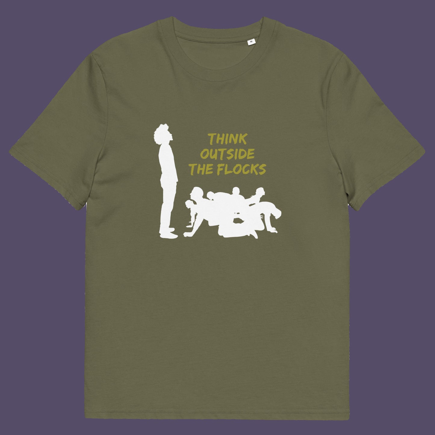 Khaki t-shirt. This self worth t shirt likens people to sheep. A satirical play on the expression 'Think outside the box'. This dark humour design highlights the need for genuine independent thought. Made from 100% organic ring-spun cotton, this non conformist t shirt is unisex, high quality, super comfy, and best of all, eco-friendly.