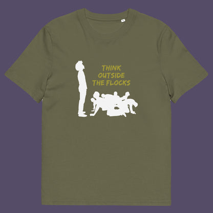 Khaki t-shirt. This self worth t shirt likens people to sheep. A satirical play on the expression 'Think outside the box'. This dark humour design highlights the need for genuine independent thought. Made from 100% organic ring-spun cotton, this non conformist t shirt is unisex, high quality, super comfy, and best of all, eco-friendly.