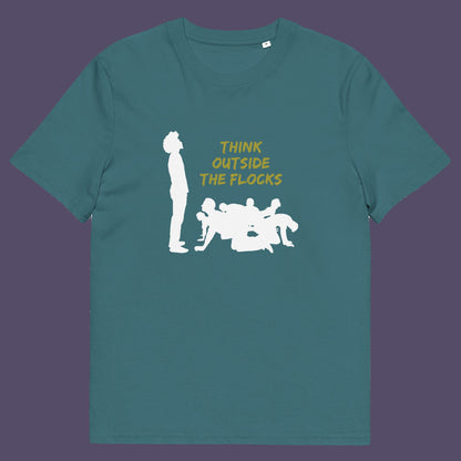 Stargazer t shirt. This self worth t shirt likens people to sheep. A satirical play on the expression 'Think outside the box'. This dark humour design highlights the need for genuine independent thought. Made from 100% organic ring-spun cotton, this non conformist t shirt is unisex, high quality, super comfy, and best of all, eco-friendly.
