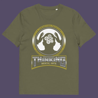 Khaki t-shirt. A sign of the times t shirt suggesting independent thinking is a forgotten art since we let machines think for us. Promote independent thinking with this some what sarcastic t-shirt. Made from 100% organic ring-spun cotton, this urban art t shirt is unisex, high-quality, super comfy, and best of all, eco-friendly.