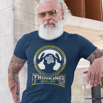 Man wearing a navy blue t-shirt with a graphic design and text, standing outdoors. A sign of the times t shirt suggesting independent thinking is a forgotten art since we let machines think for us. Promote independent thinking with this some what sarcastic t-shirt. Made from 100% organic ring-spun cotton, this urban art t shirt is unisex, high-quality, super comfy, and best of all, eco-friendly.