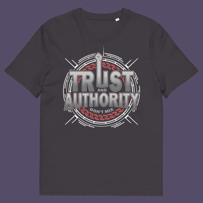 Anthracite t shirt. A broken society t shirt design with trust issues. At first glance this street art design gives the impression of trust for authority, but with a closer look it suggests there is no connection between the two. If you think abuse of power is human nature and authority breeds corruption, show your defiance with this urban art t shirt. Made from 100% organic ring-spun cotton, this demo t shirt design is unisex, high quality, super comfy, and best of all, eco-friendly.