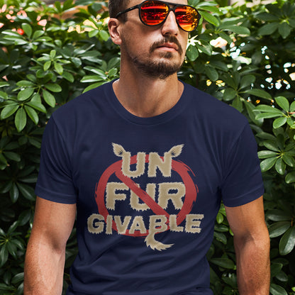 Man wearing a navy blue t-shirt with a graphic design in front of green foliage. This animal rights t shirt is anti fur and suggests the wearing of fur as unforgivable. Show your support against an unnecessary industry that promotes suffering and slaughter. Made from 100% organic ring-spun cotton, these animal activist t shirts are unisex, high-quality, super comfy, and best of all, eco-friendly.