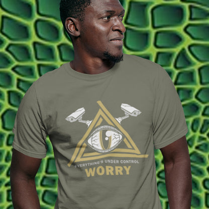 Man wearing a t-shirt with a graphic design and text against a green textured background. A conspiracy theory t-shirt for all that see paranoia as a necessity. This design is a must if your imagination is colourful enough to believe we are being controlled by reptilian alien overlords. Made from 100% organic ring-spun cotton, this alien conspiracy theory t-shirt is unisex, high-quality, super comfy, and best of all, eco-friendly.