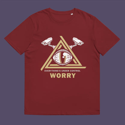 Burgundy t-shirt. A conspiracy theory t-shirt for all that see paranoia as a necessity. This design is a must if your imagination is colourful enough to believe we are being controlled by reptilian alien overlords. Made from 100% organic ring-spun cotton, this alien conspiracy theory t-shirt is unisex, high-quality, super comfy, and best of all, eco-friendly.