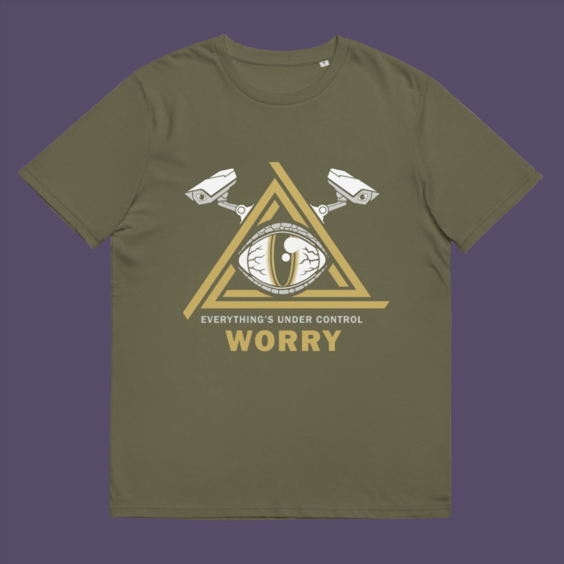 Khaki t-shirt. A conspiracy theory t-shirt for all that see paranoia as a necessity. This design is a must if your imagination is colourful enough to believe we are being controlled by reptilian alien overlords. Made from 100% organic ring-spun cotton, this alien conspiracy theory t-shirt is unisex, high-quality, super comfy, and best of all, eco-friendly.
