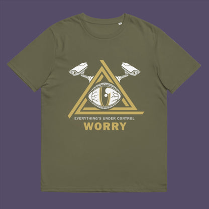 Khaki t-shirt. A conspiracy theory t-shirt for all that see paranoia as a necessity. This design is a must if your imagination is colourful enough to believe we are being controlled by reptilian alien overlords. Made from 100% organic ring-spun cotton, this alien conspiracy theory t-shirt is unisex, high-quality, super comfy, and best of all, eco-friendly.