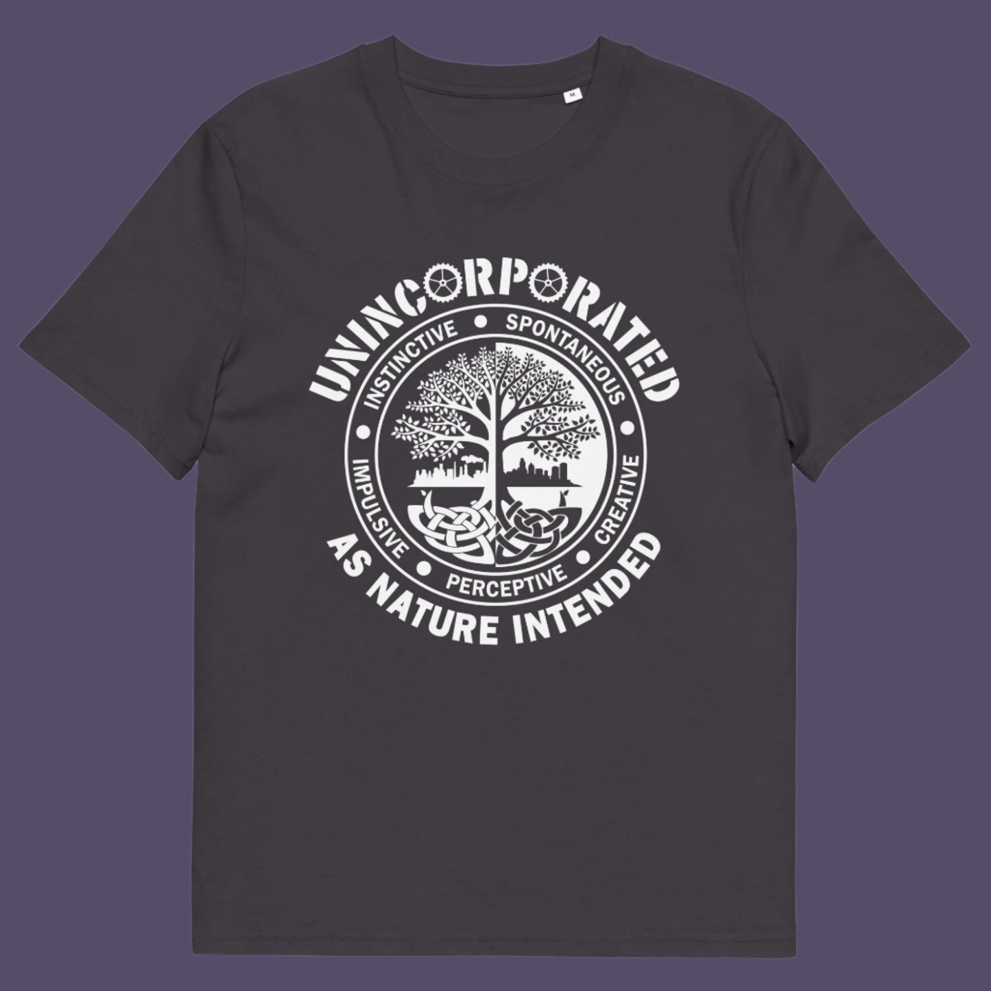 Anthracite t shirt This anti corporate t shirt defines corporations as unnatural and indoctrinating. A design for people who are proud to be a human animal and not programmed into the corporate machine. Urban art using the tree of life as a centre piece. Made from 100% organic ring-spun cotton, this non conformist t shirt is unisex, high-quality, super comfy, and best of all—eco-friendly.