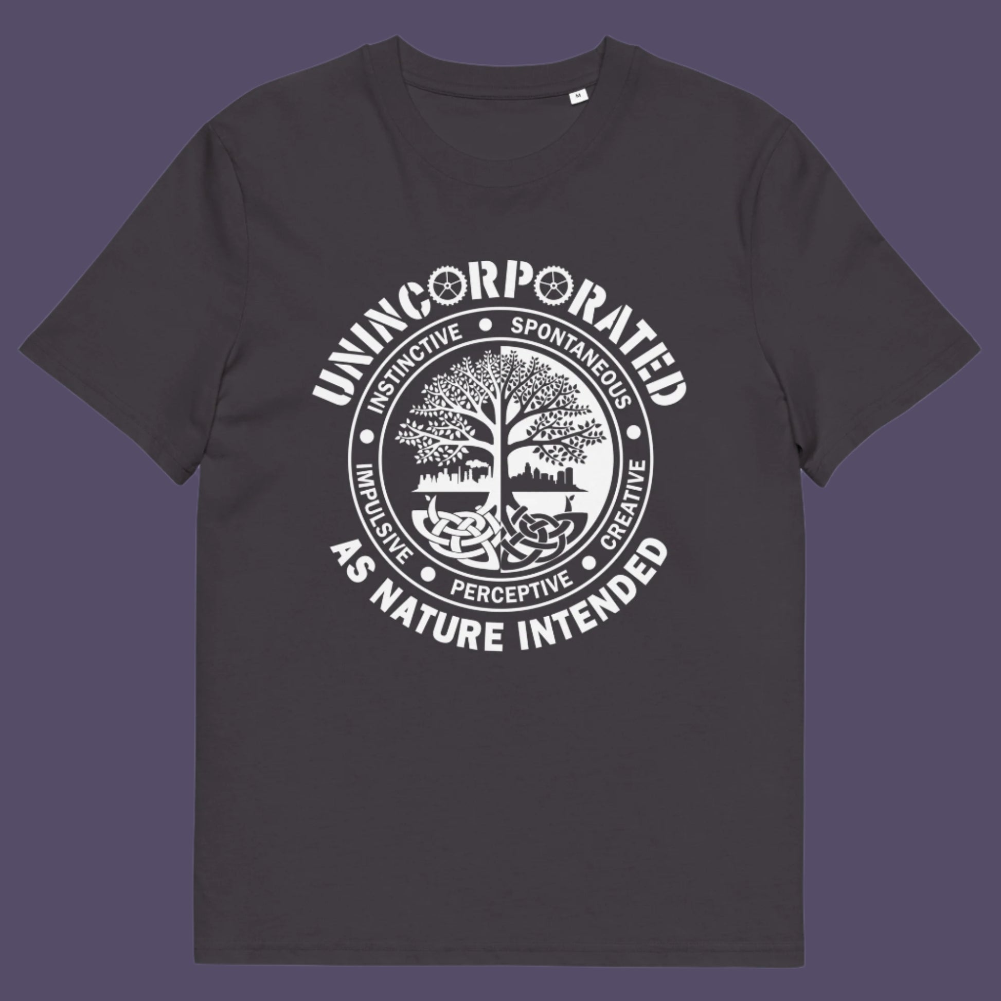 Anthracite t shirt This anti corporate t shirt defines corporations as unnatural and indoctrinating. A design for people who are proud to be a human animal and not programmed into the corporate machine. Urban art using the tree of life as a centre piece. Made from 100% organic ring-spun cotton, this non conformist t shirt is unisex, high-quality, super comfy, and best of all—eco-friendly.