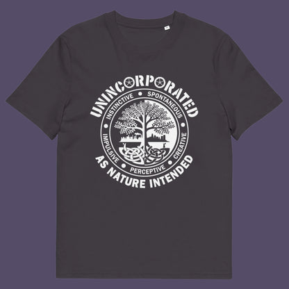 Anthracite t shirt This anti corporate t shirt defines corporations as unnatural and indoctrinating. A design for people who are proud to be a human animal and not programmed into the corporate machine. Urban art using the tree of life as a centre piece. Made from 100% organic ring-spun cotton, this non conformist t shirt is unisex, high-quality, super comfy, and best of all—eco-friendly.