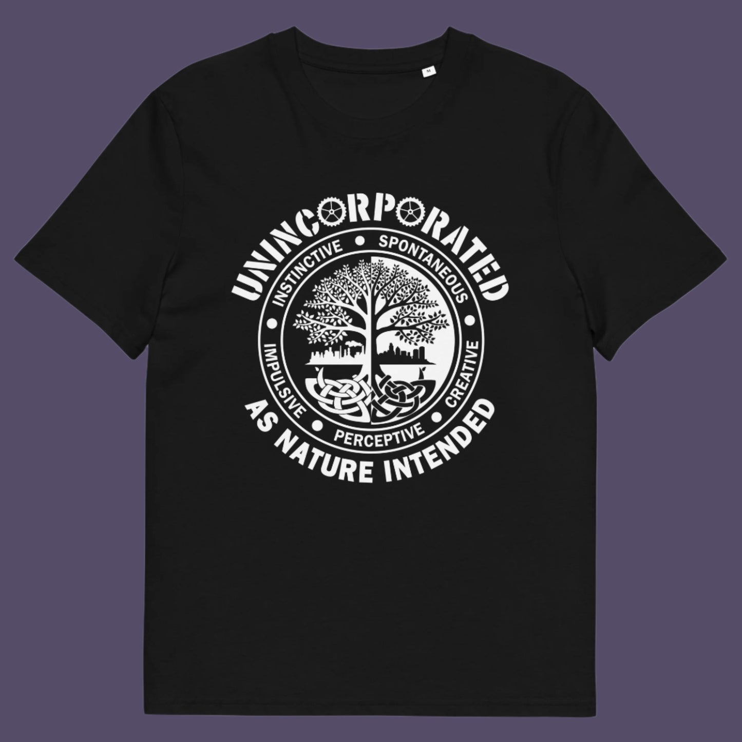 Black t shirt. This anti corporate t shirt defines corporations as unnatural and indoctrinating. A design for people who are proud to be a human animal and not programmed into the corporate machine. Urban art using the tree of life as a centre piece. Made from 100% organic ring-spun cotton, this non conformist t shirt is unisex, high-quality, super comfy, and best of all—eco-friendly.