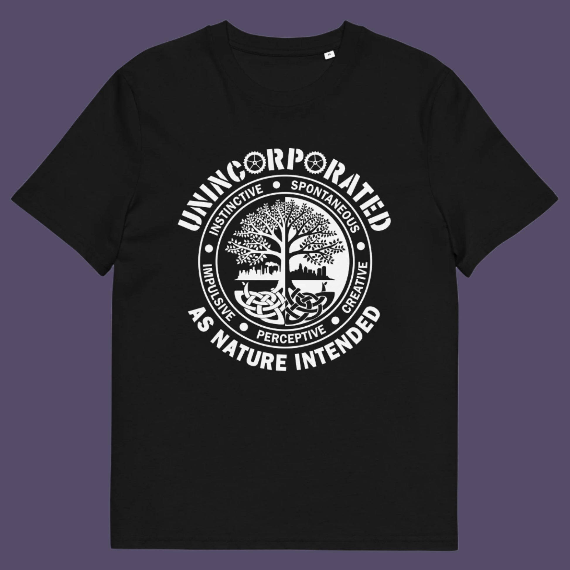 Black t shirt. This anti corporate t shirt defines corporations as unnatural and indoctrinating. A design for people who are proud to be a human animal and not programmed into the corporate machine. Urban art using the tree of life as a centre piece. Made from 100% organic ring-spun cotton, this non conformist t shirt is unisex, high-quality, super comfy, and best of all—eco-friendly.
