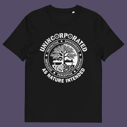 Black t shirt. This anti corporate t shirt defines corporations as unnatural and indoctrinating. A design for people who are proud to be a human animal and not programmed into the corporate machine. Urban art using the tree of life as a centre piece. Made from 100% organic ring-spun cotton, this non conformist t shirt is unisex, high-quality, super comfy, and best of all—eco-friendly.