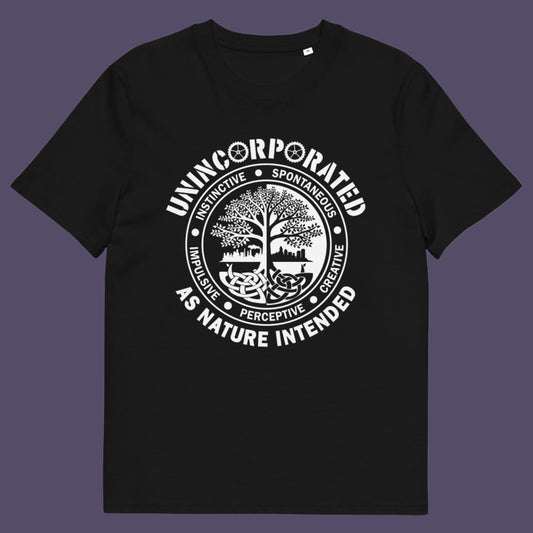 Black t shirt. This anti corporate t shirt defines corporations as unnatural and indoctrinating. A design for people who are proud to be a human animal and not programmed into the corporate machine. Urban art using the tree of life as a centre piece. Made from 100% organic ring-spun cotton, this non conformist t shirt is unisex, high-quality, super comfy, and best of all—eco-friendly.