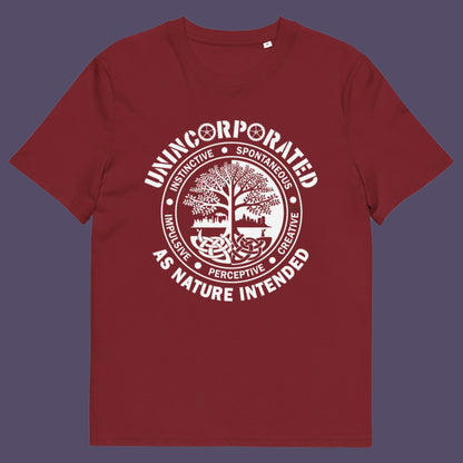 Burgundy t shirt. This anti corporate t shirt defines corporations as unnatural and indoctrinating. A design for people who are proud to be a human animal and not programmed into the corporate machine. Urban art using the tree of life as a centre piece. Made from 100% organic ring-spun cotton, this non conformist t shirt is unisex, high-quality, super comfy, and best of all—eco-friendly.