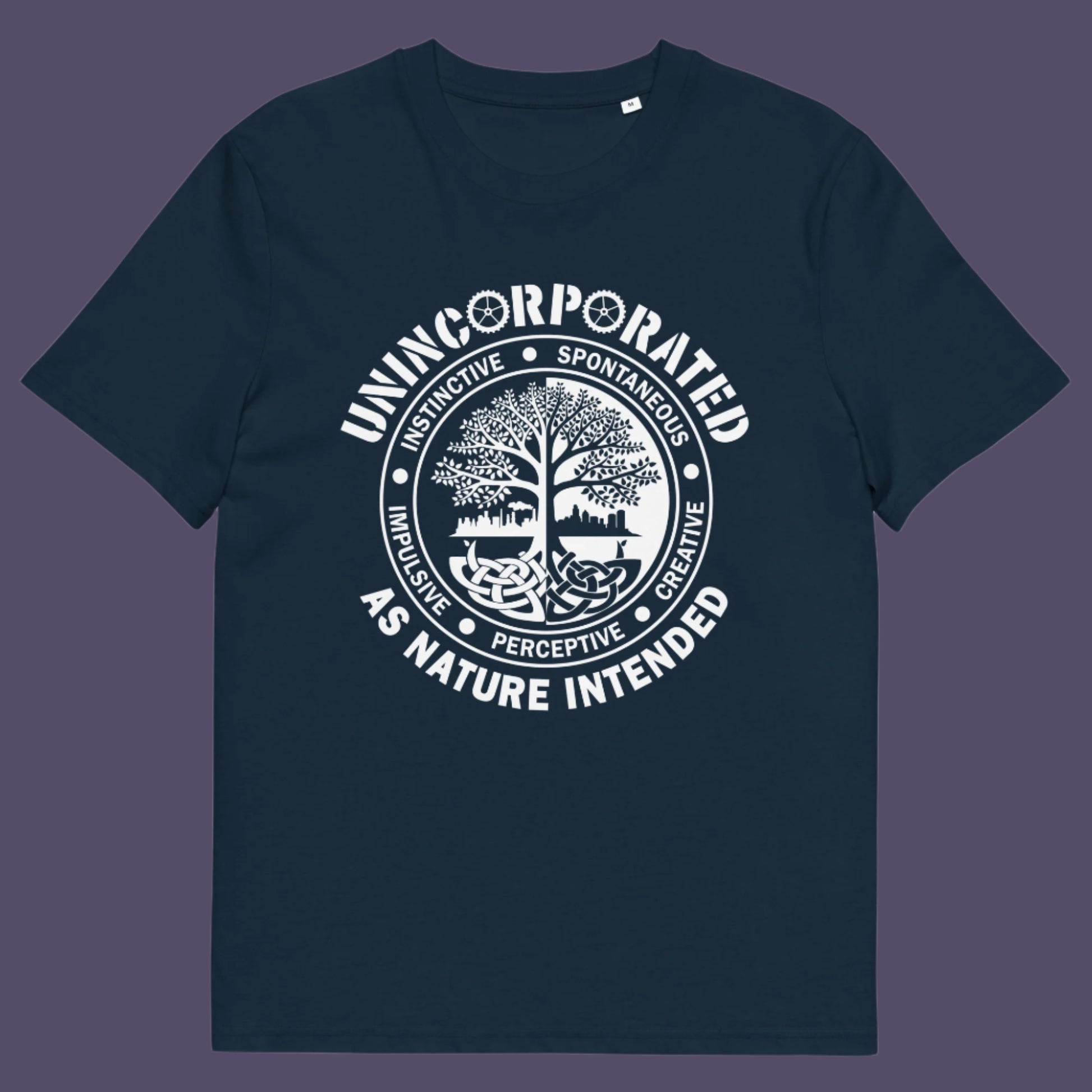French navy t shirt. This anti corporate t shirt defines corporations as unnatural and indoctrinating. A design for people who are proud to be a human animal and not programmed into the corporate machine. Urban art using the tree of life as a centre piece. Made from 100% organic ring-spun cotton, this non conformist t shirt is unisex, high-quality, super comfy, and best of all—eco-friendly.