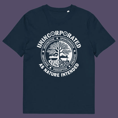 French navy t shirt. This anti corporate t shirt defines corporations as unnatural and indoctrinating. A design for people who are proud to be a human animal and not programmed into the corporate machine. Urban art using the tree of life as a centre piece. Made from 100% organic ring-spun cotton, this non conformist t shirt is unisex, high-quality, super comfy, and best of all—eco-friendly.