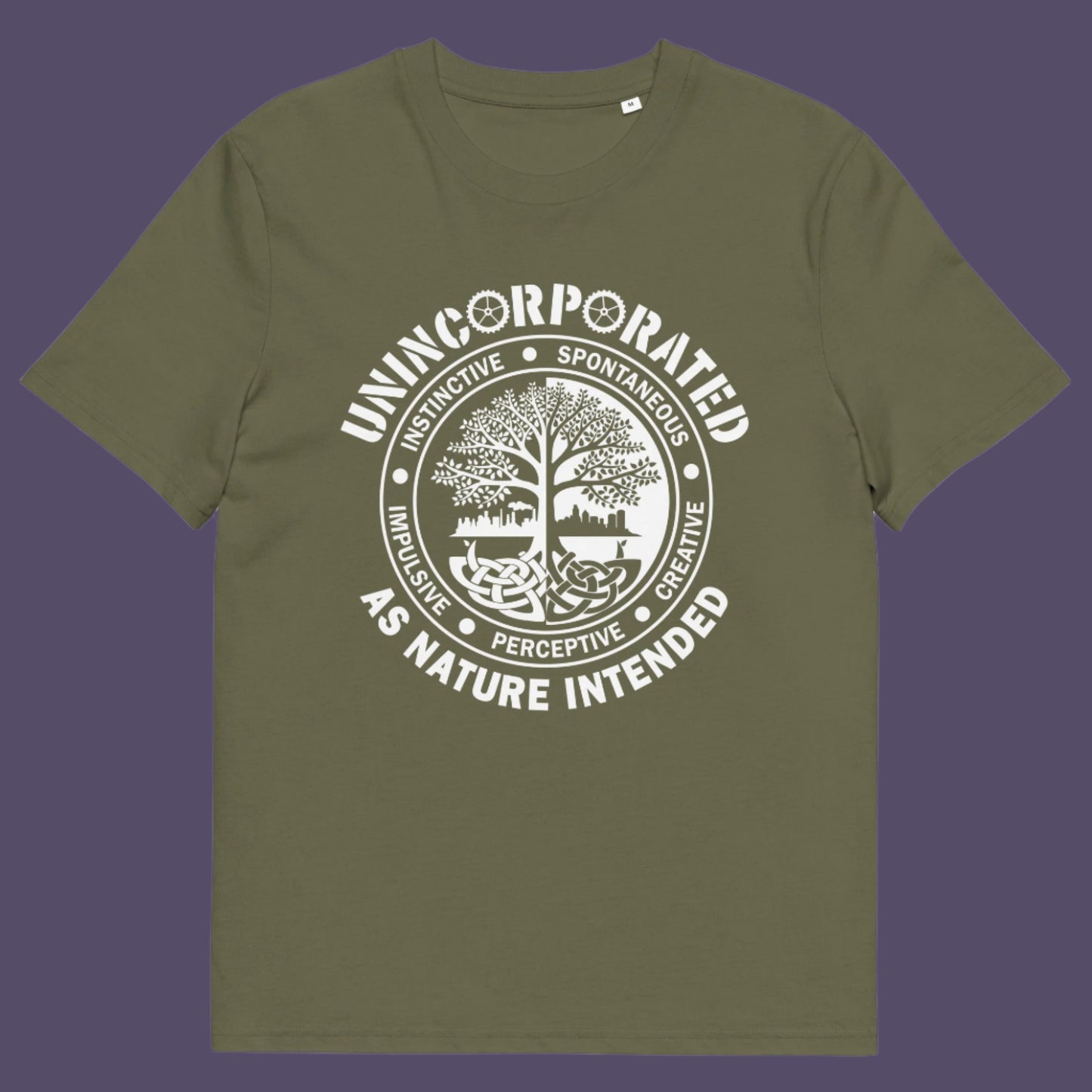 Khaki t shirt. This anti corporate t shirt defines corporations as unnatural and indoctrinating. A design for people who are proud to be a human animal and not programmed into the corporate machine. Urban art using the tree of life as a centre piece. Made from 100% organic ring-spun cotton, this non conformist t shirt is unisex, high-quality, super comfy, and best of all—eco-friendly.