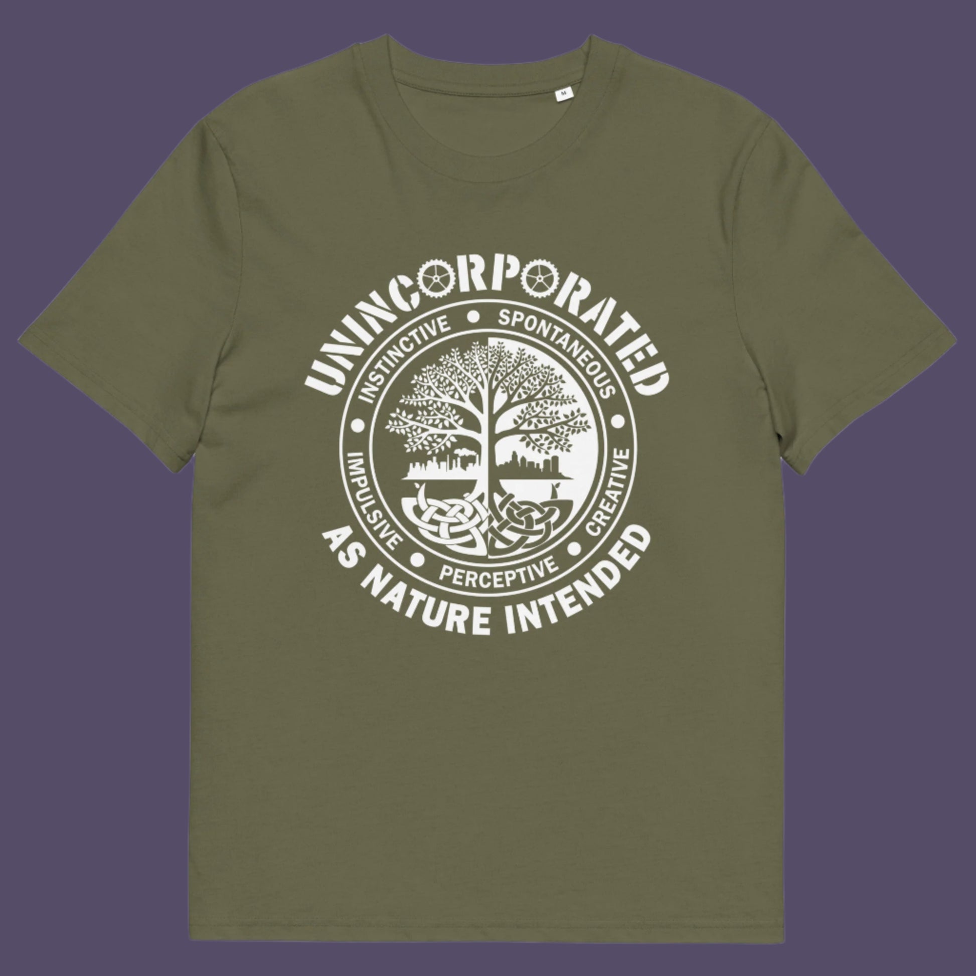 Khaki t shirt. This anti corporate t shirt defines corporations as unnatural and indoctrinating. A design for people who are proud to be a human animal and not programmed into the corporate machine. Urban art using the tree of life as a centre piece. Made from 100% organic ring-spun cotton, this non conformist t shirt is unisex, high-quality, super comfy, and best of all—eco-friendly.