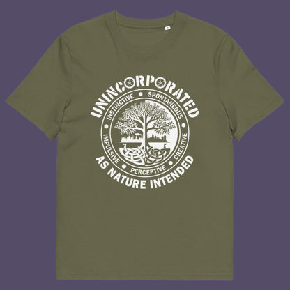 Khaki t shirt. This anti corporate t shirt defines corporations as unnatural and indoctrinating. A design for people who are proud to be a human animal and not programmed into the corporate machine. Urban art using the tree of life as a centre piece. Made from 100% organic ring-spun cotton, this non conformist t shirt is unisex, high-quality, super comfy, and best of all—eco-friendly.