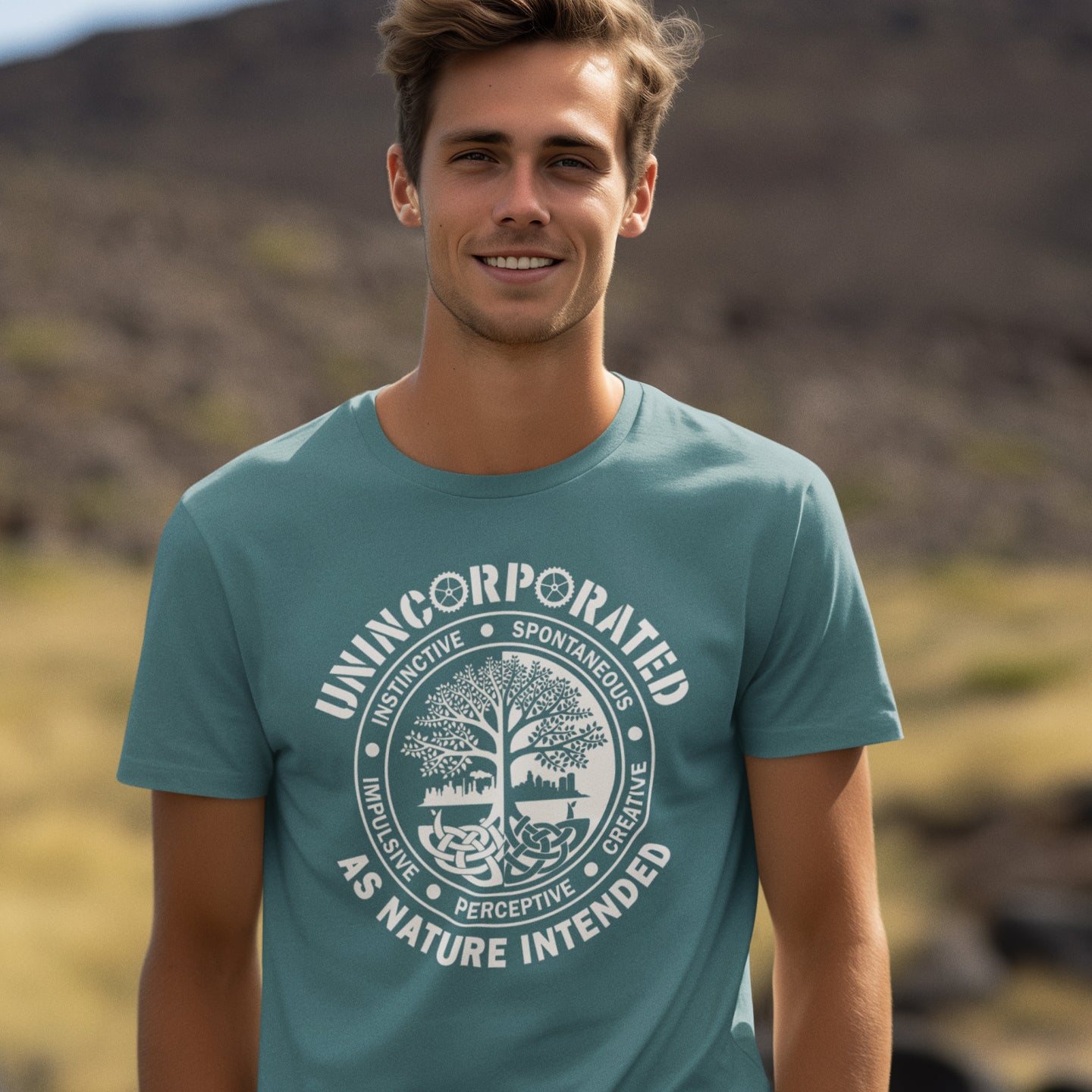 Man wearing a stargazer t-shirt with a white graphic design outdoors. This anti corporate t shirt defines corporations as unnatural and indoctrinating. A design for people who are proud to be a human animal and not programmed into the corporate machine. Urban art using the tree of life as a centre piece. Made from 100% organic ring-spun cotton, this non conformist t shirt is unisex, high-quality, super comfy, and best of all—eco-friendly.