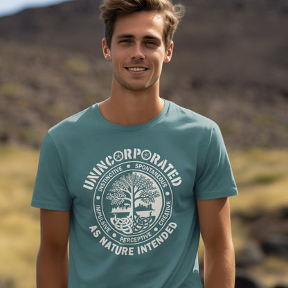 Man wearing a stargazer t-shirt with a white graphic design outdoors. This anti corporate t shirt defines corporations as unnatural and indoctrinating. A design for people who are proud to be a human animal and not programmed into the corporate machine. Urban art using the tree of life as a centre piece. Made from 100% organic ring-spun cotton, this non conformist t shirt is unisex, high-quality, super comfy, and best of all—eco-friendly.