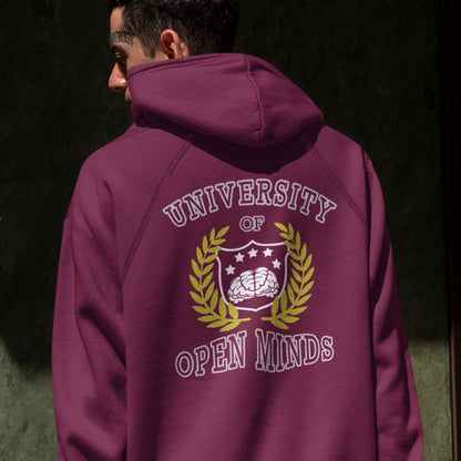 Person wearing a maroon hoodie with 'University of Open Minds' design on the back. A graphic hoodie design for the liberal minded. If you think outside the box then this university is for you. Only practical lessons and no student loan required. Comfortable and practical. It's extra soft and has a convenient front pouch pocket. Made from organic cotton and recycled polyester, this graphic hoodie is a great eco-friendly choice.