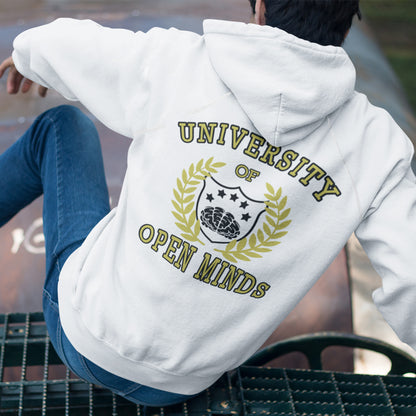 Person wearing a white hoodie with 'University of Open Minds' text and design. A graphic hoodie design for the liberal minded. If you think outside the box then this university is for you. Only practical lessons and no student loan required. Comfortable and practical. It's extra soft and has a convenient front pouch pocket. Made from organic cotton and recycled polyester, this graphic hoodie is a great eco-friendly choice.