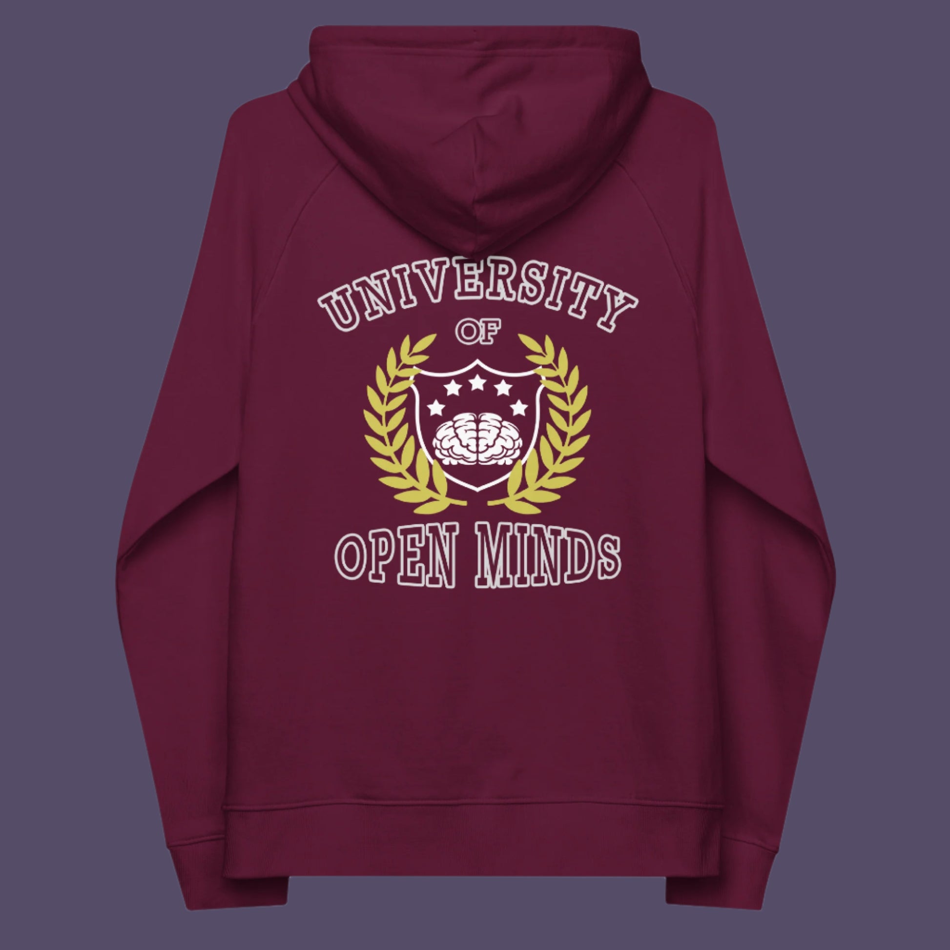 Burgundy hoodie back. A graphic hoodie design for the liberal minded. If you think outside the box then this university is for you. Only practical lessons and no student loan required. Comfortable and practical. It's extra soft and has a convenient front pouch pocket. Made from organic cotton and recycled polyester, this graphic hoodie is a great eco-friendly choice.