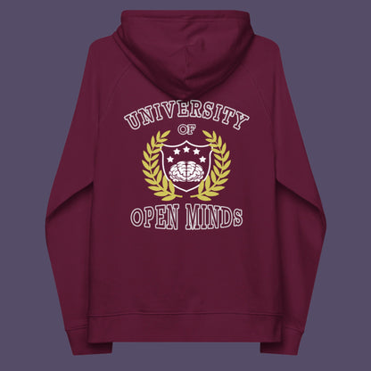 Burgundy hoodie back. A graphic hoodie design for the liberal minded. If you think outside the box then this university is for you. Only practical lessons and no student loan required. Comfortable and practical. It's extra soft and has a convenient front pouch pocket. Made from organic cotton and recycled polyester, this graphic hoodie is a great eco-friendly choice.