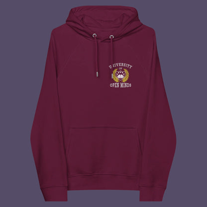Burgundy hoodie front. A graphic hoodie design for the liberal minded. If you think outside the box then this university is for you. Only practical lessons and no student loan required. Comfortable and practical. It's extra soft and has a convenient front pouch pocket. Made from organic cotton and recycled polyester, this graphic hoodie is a great eco-friendly choice.