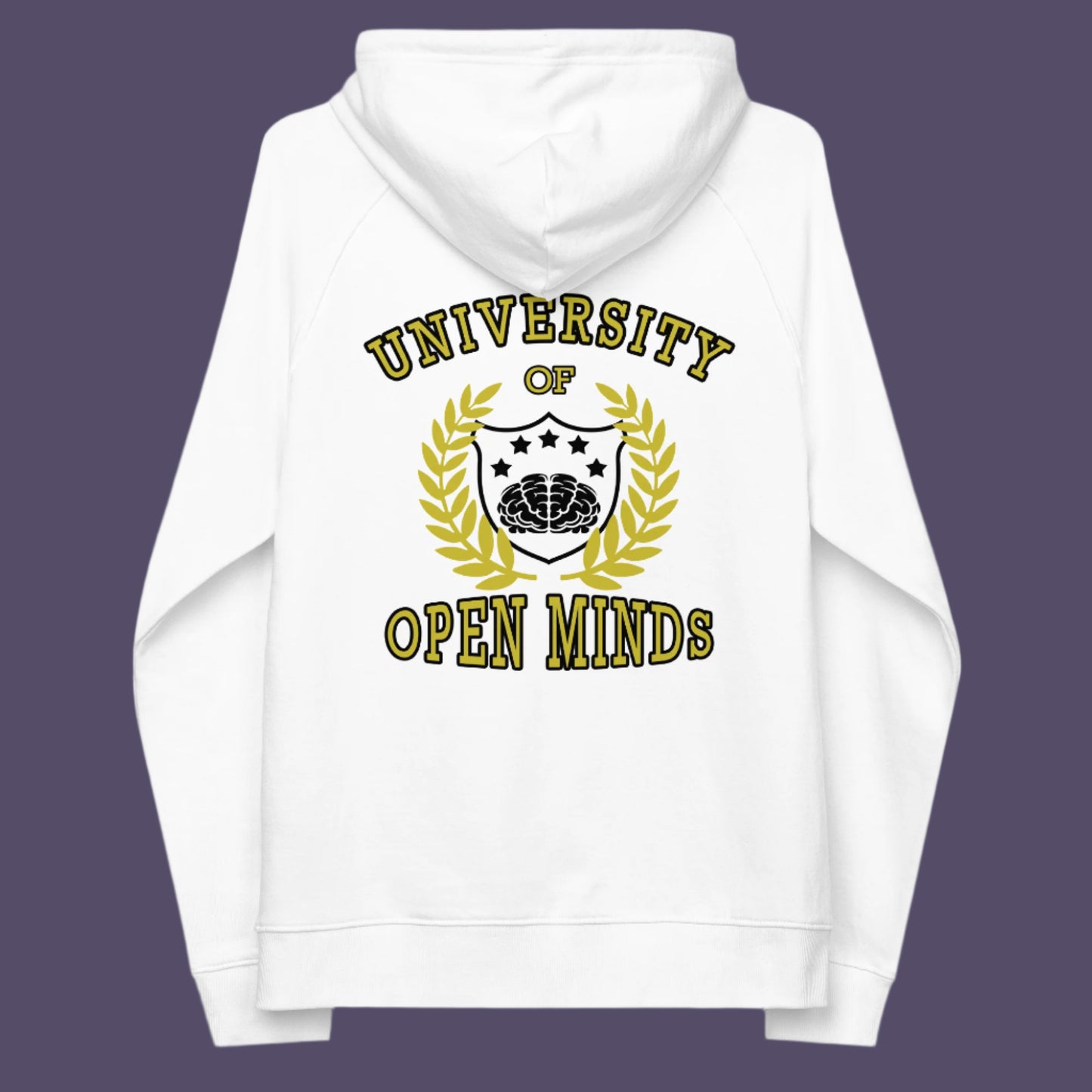 White hoodie back. A graphic hoodie design for the liberal minded. If you think outside the box then this university is for you. Only practical lessons and no student loan required. Comfortable and practical. It's extra soft and has a convenient front pouch pocket. Made from organic cotton and recycled polyester, this graphic hoodie is a great eco-friendly choice.