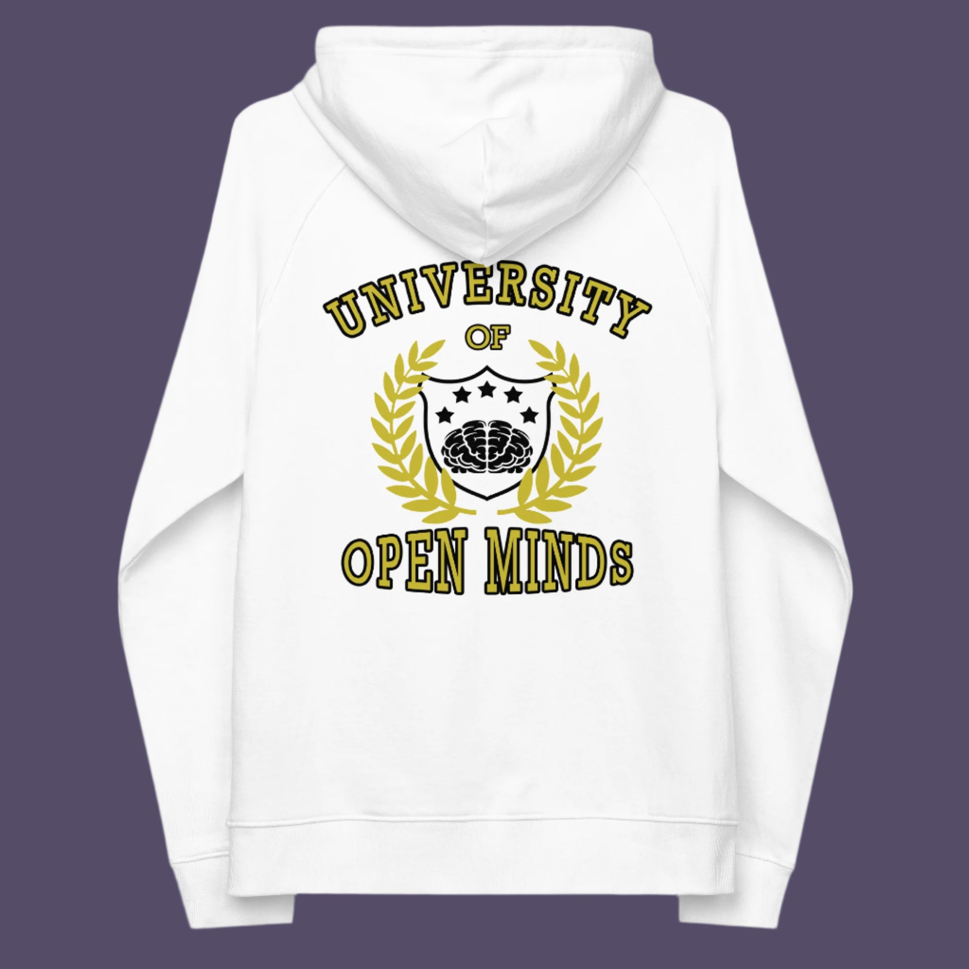 White hoodie back. A graphic hoodie design for the liberal minded. If you think outside the box then this university is for you. Only practical lessons and no student loan required. Comfortable and practical. It's extra soft and has a convenient front pouch pocket. Made from organic cotton and recycled polyester, this graphic hoodie is a great eco-friendly choice.