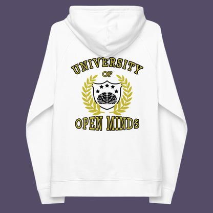 White hoodie back. A graphic hoodie design for the liberal minded. If you think outside the box then this university is for you. Only practical lessons and no student loan required. Comfortable and practical. It's extra soft and has a convenient front pouch pocket. Made from organic cotton and recycled polyester, this graphic hoodie is a great eco-friendly choice.