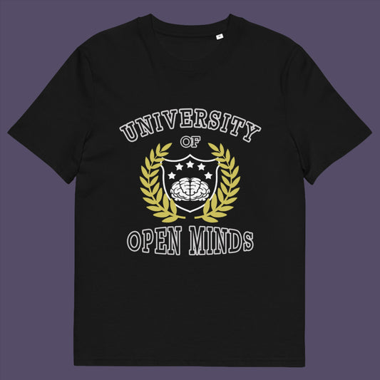 Black t-shirt. A cool graphic design for the liberal minded. If you think outside the box then this university is for you. Only practical lessons and no student loan required. Made from 100% organic ring-spun cotton, this social awareness t-shirt is unisex, high-quality, super comfy, and best of all, eco-friendly.