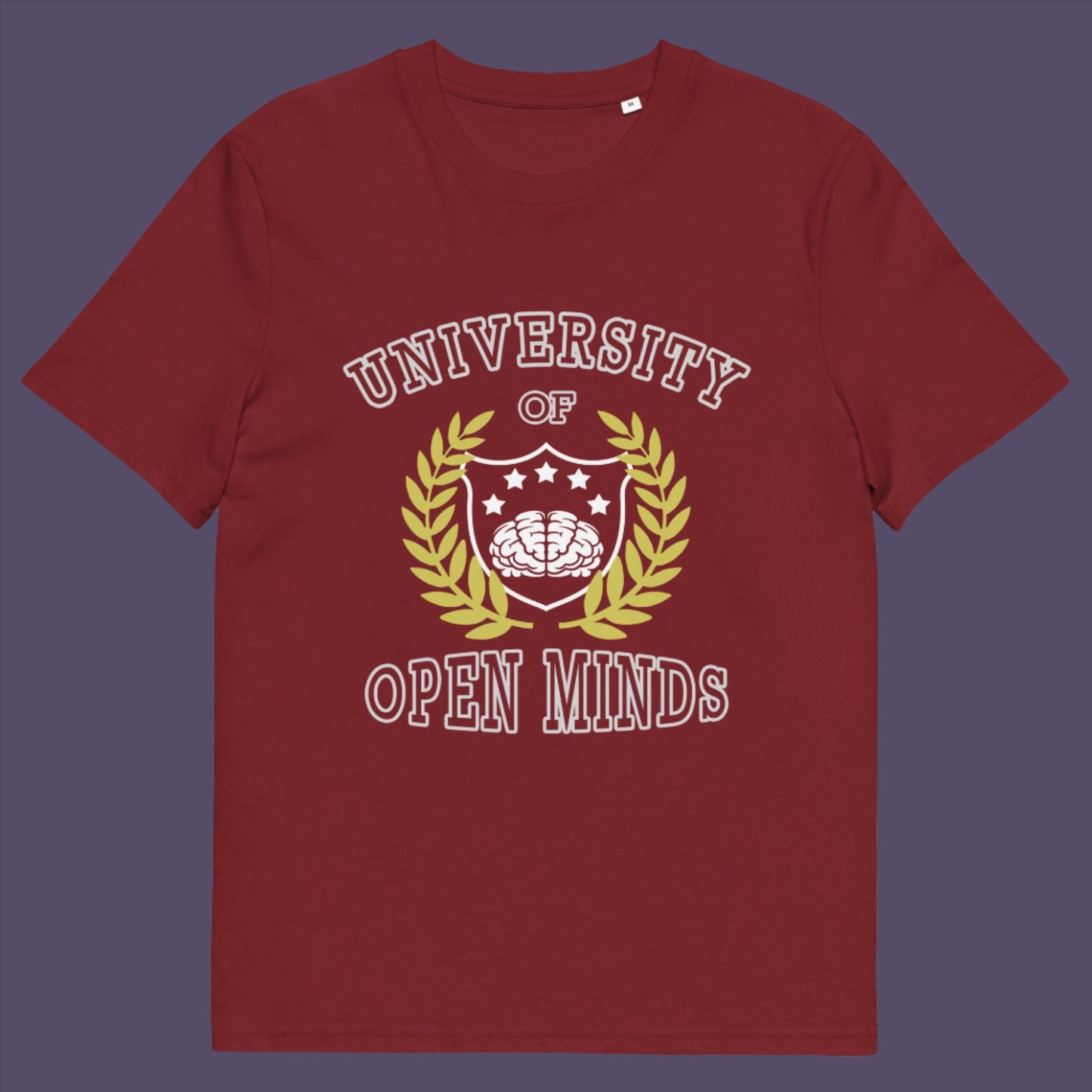 Burgundy t-shirt. A cool graphic design for the liberal minded. If you think outside the box then this university is for you. Only practical lessons and no student loan required. Made from 100% organic ring-spun cotton, this social awareness t-shirt is unisex, high-quality, super comfy, and best of all, eco-friendly.