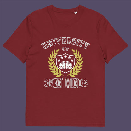 Burgundy t-shirt. A cool graphic design for the liberal minded. If you think outside the box then this university is for you. Only practical lessons and no student loan required. Made from 100% organic ring-spun cotton, this social awareness t-shirt is unisex, high-quality, super comfy, and best of all, eco-friendly.