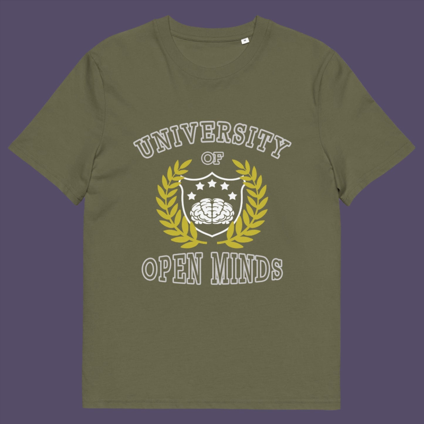 Khaki t-shirt. A cool graphic design for the liberal minded. If you think outside the box then this university is for you. Only practical lessons and no student loan required. Made from 100% organic ring-spun cotton, this social awareness t-shirt is unisex, high-quality, super comfy, and best of all, eco-friendly.